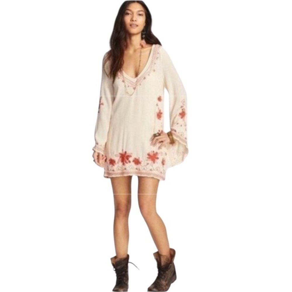 Free People Skyfall Embroidered Boho Earthy Cream Orange Mini Tunic Dress SZ M